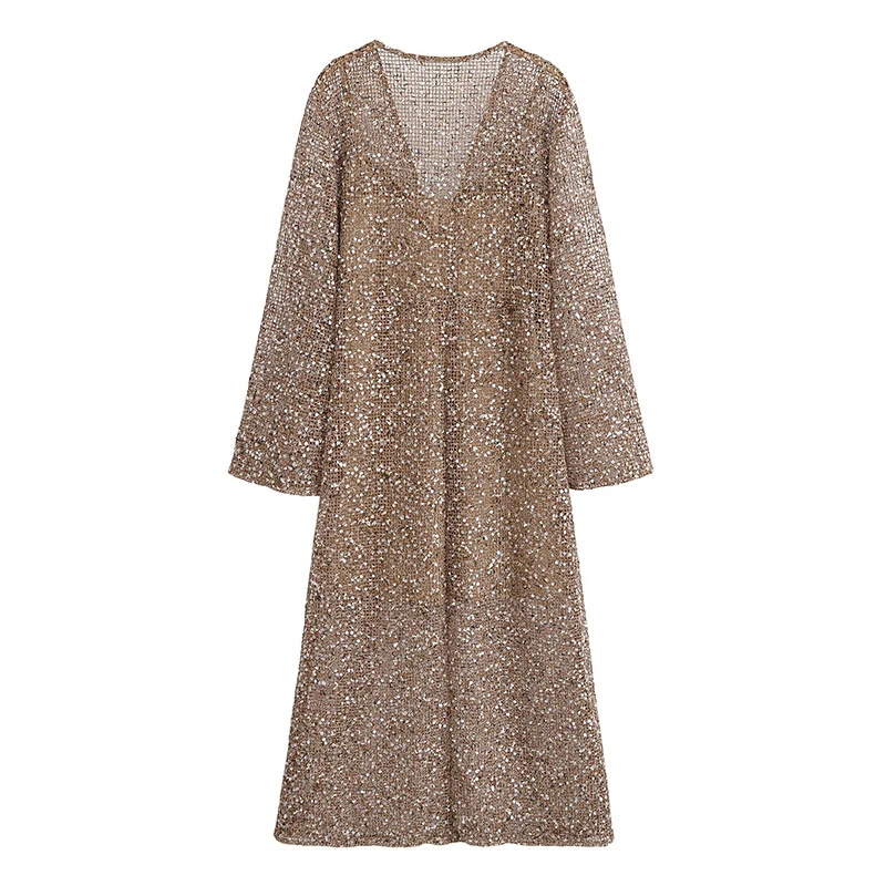 Sexy Sequined Long Pleated Dress Women Deep V-neck Full Sleeve See Through Dresses 2025 Summer Lady Party Evening Dresses ﻿