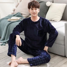 

Men's Long Sleeve Thick Warm Flannel Pajamas Set Men's Coral Velvet Pajamas Set Pajamas Top + Trousers Casual Home Wear