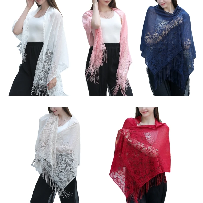 Delicate Fringe Trim Shawl for Ladies Summer Lightweight Shawls Wedding Party Sunproof Anti-uv Scarf with Floral Pattern