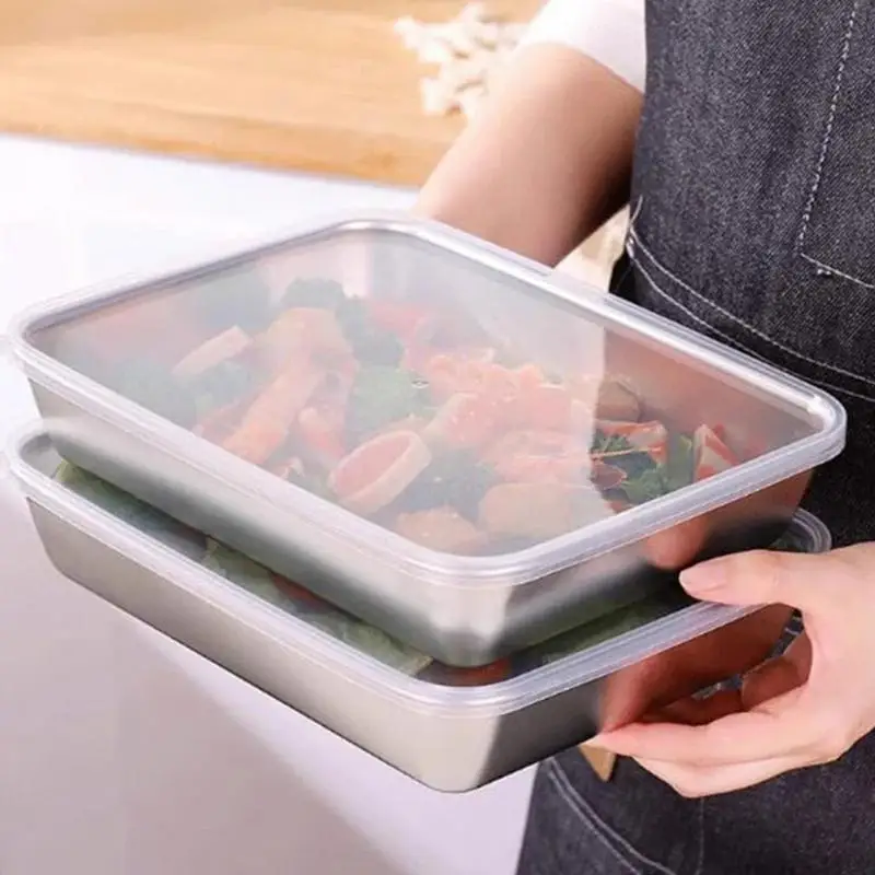 Stainless Steel Food Plate With Lid Square Food Serving Tray Food Grade Sealed Box Container For Oven Kitchen Cooking Freezing
