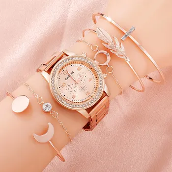 6PCS Set Women Rose Gold Luxury Quartz Watch Rhinestone Fashion Wristwatch Casual Ladies Watches Bracelet Set Clock Montre Femme