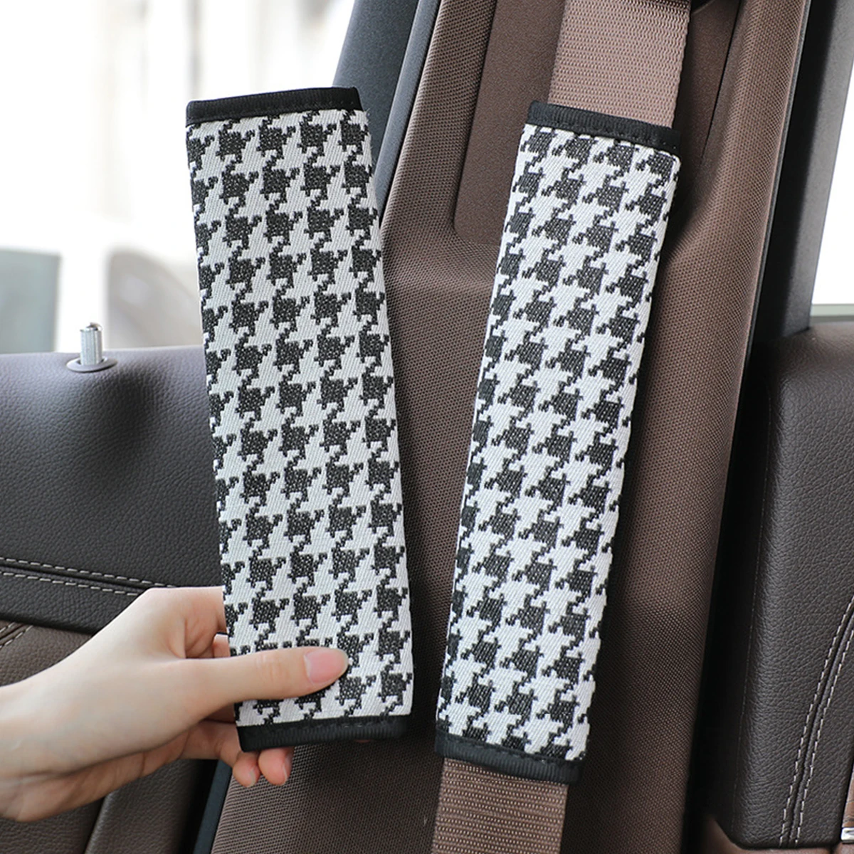 

Car Seat Belt Shoulder Pads Houndstooth Car Shoulder Protector Rhombus Embroidered Seat Belt Cover