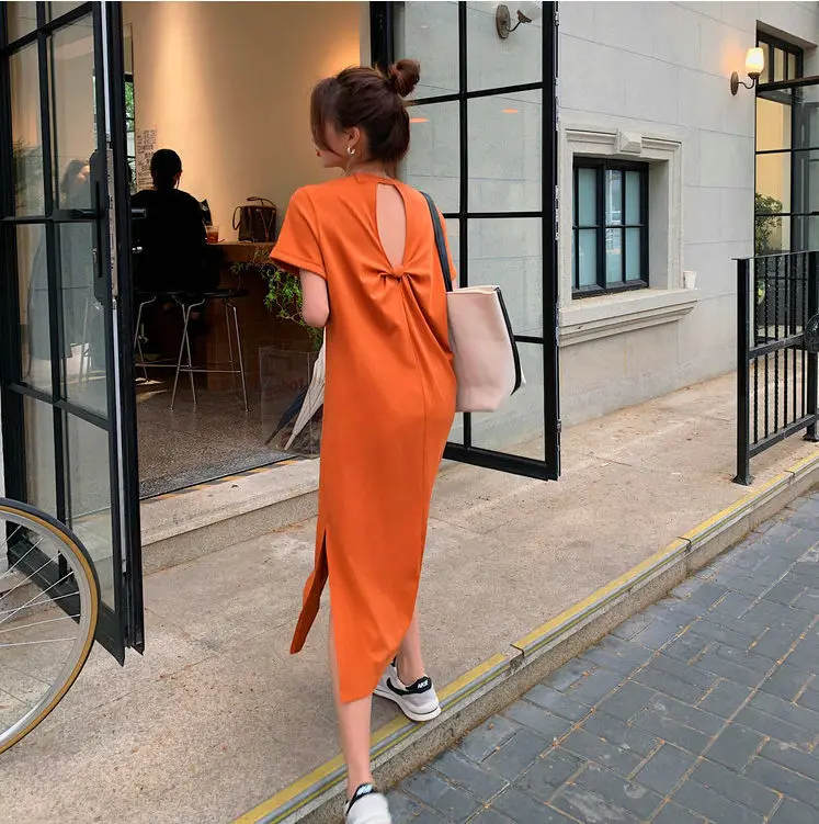 Casual Backless T Shirt Dress Summer New Round Neck Short Sleeve Solid Color Loose Midi Dress Fashion Trend Women Clothing