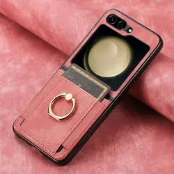 Vintage PU Leather Magnetic Phone Case with Ring Wallet and Card Holder - Shockproof Cover - Galaxy Z Flip4 (Red)