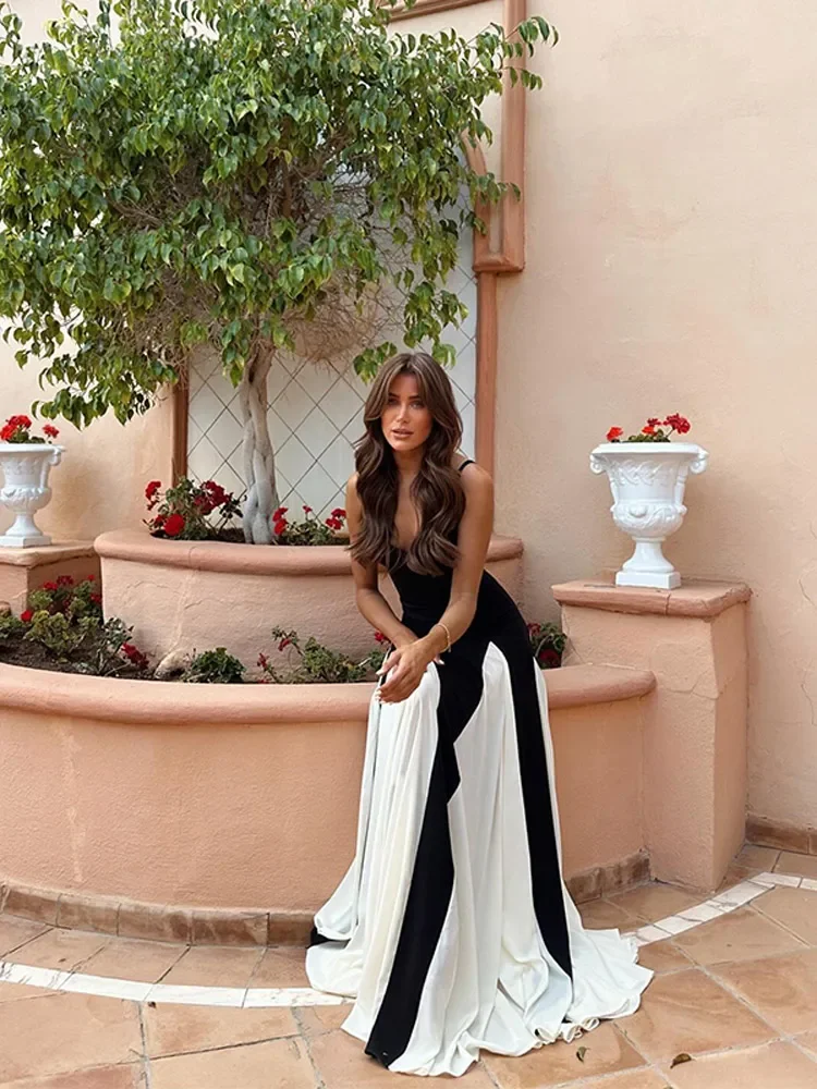 Sexy Contrast Patchwork Sling Dress Women's Sleeveless Backless High Waist Maxi Dresses 2025 Summer Lady Evening Party Club Robe 2