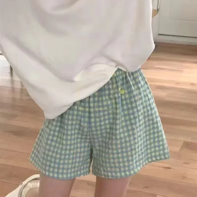 Shorts de pijama para mujer a cuadros algodón suave lounge_voghion.com