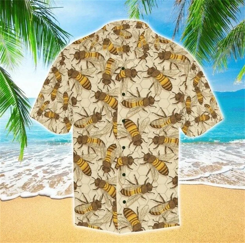 thumbnail image 1 of Camisas casuales de manga corta con botones y solapa con estampado 3D de abejas para hombre, ropa para hombre, camisa hawaiana de verano, ropa de calle para hombre, 1 of 5
