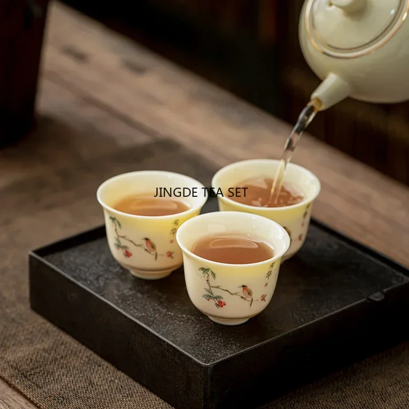 1 Chinese ceramic tea cup handmade flower and bird patterned ceramic tea bowl travel home tea set