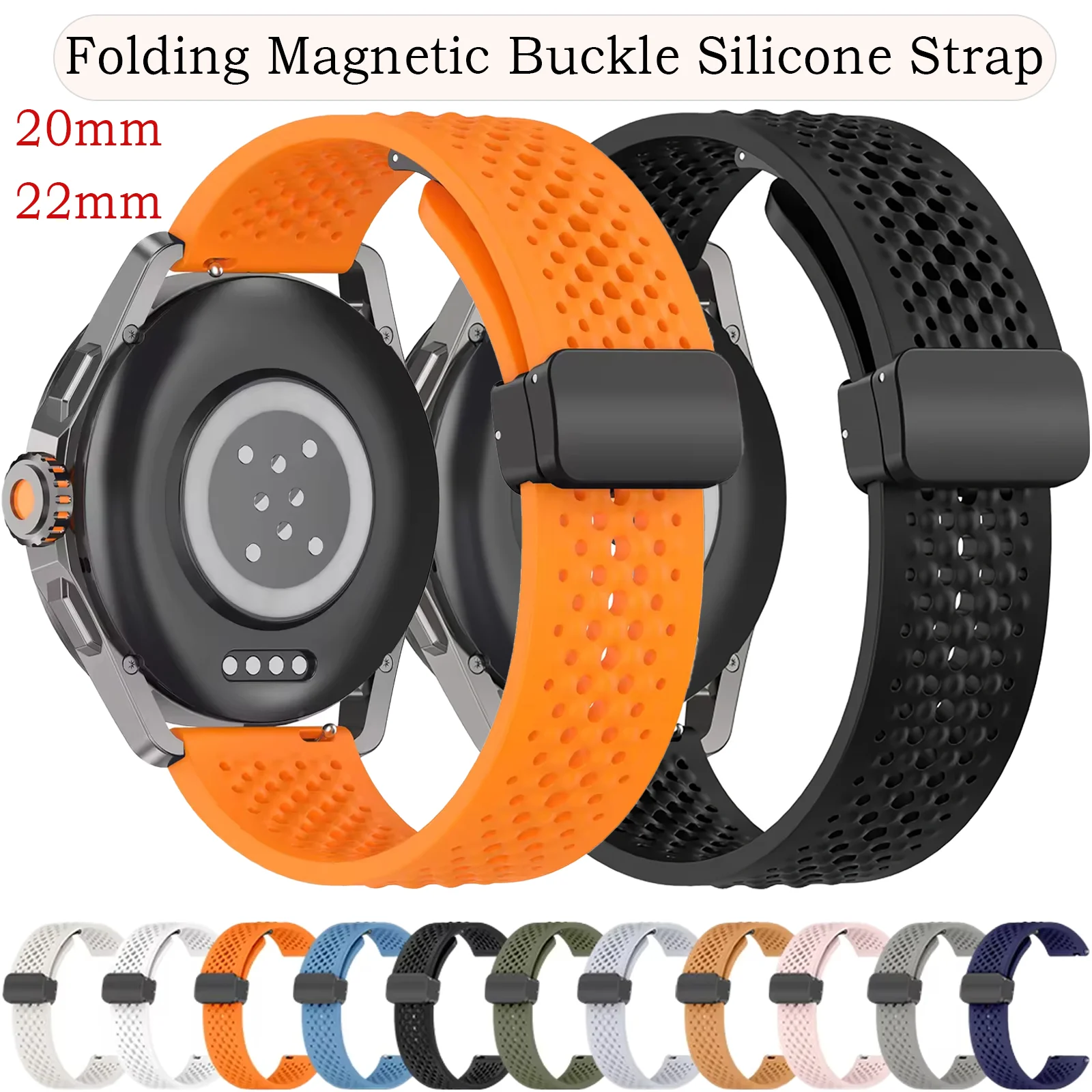 Breathable Soft Silicone Sport Watchband, 20/22mm Strap