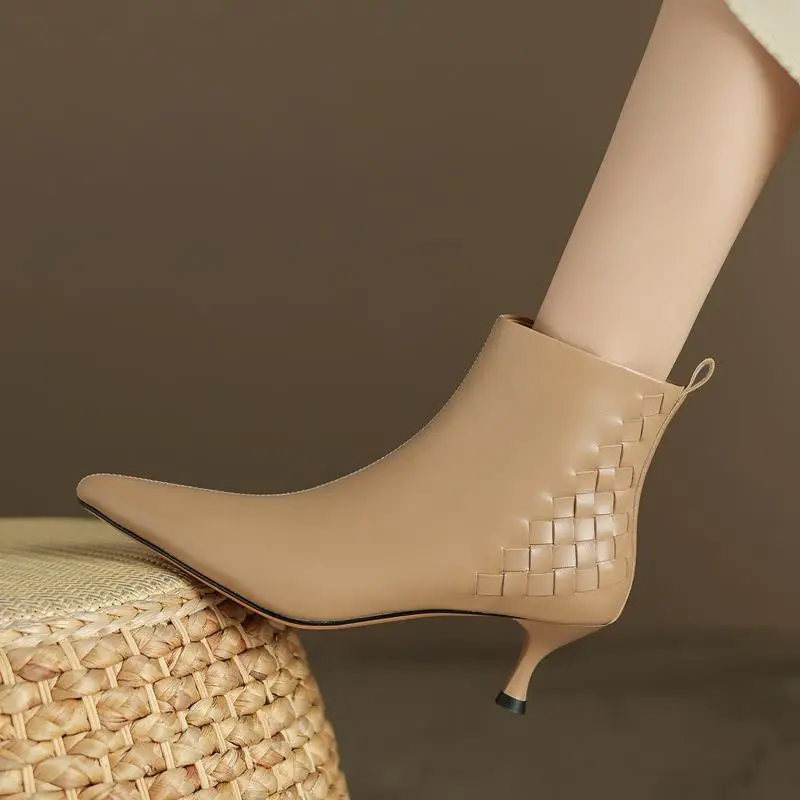 

9 Years Old Shop Sheepskin Genuine Leather Women Boots Winter Shoes Lattice Design Fashion Easy To Walk Woman Ankle Boots