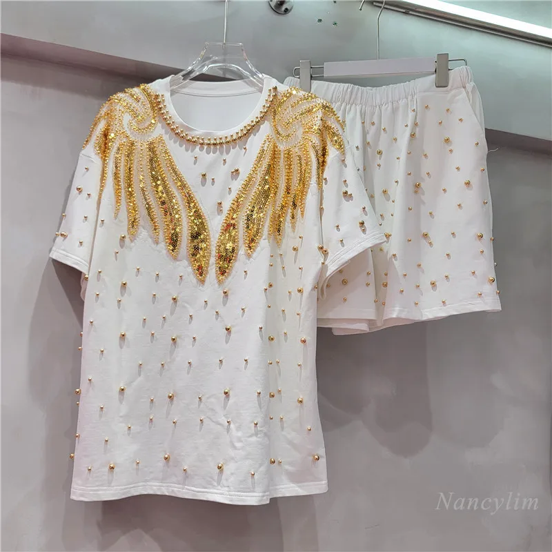 2024 Spring Summer New Short Sleeves T-shirt + Shorts 2 Pieces Heavy Industry Beads Gorgeous Applique Elegant Fashion Suit Women