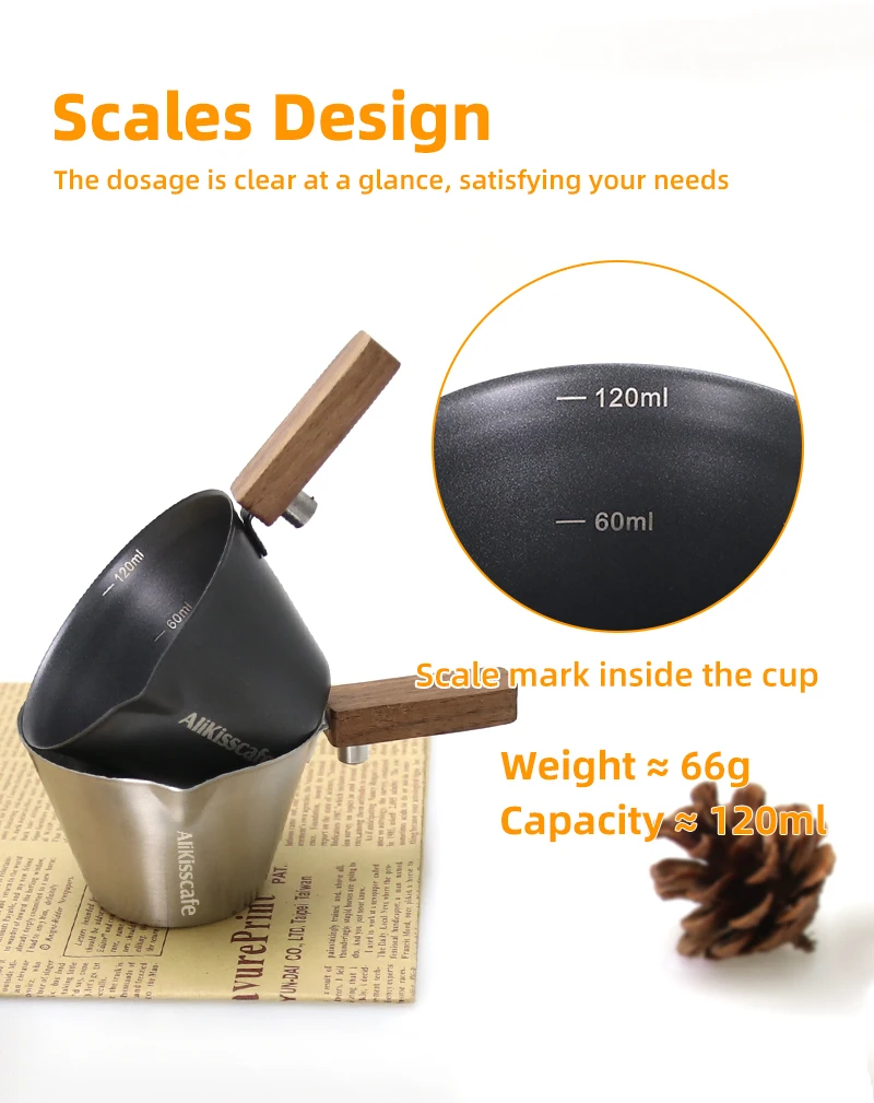 Espresso Messbecher Edelstahl mit Holzgriff Kaffee Schuss Gieß becher 120ml Home Küche Barista Mess zubehör – Detail 5
