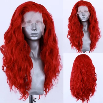 AMY Red Synthetic Lace Front Wigs for Women Water Wave Lace Wig Free Part Cosplay Wigs Natural Hairline Party Hair Frontal Wig 1