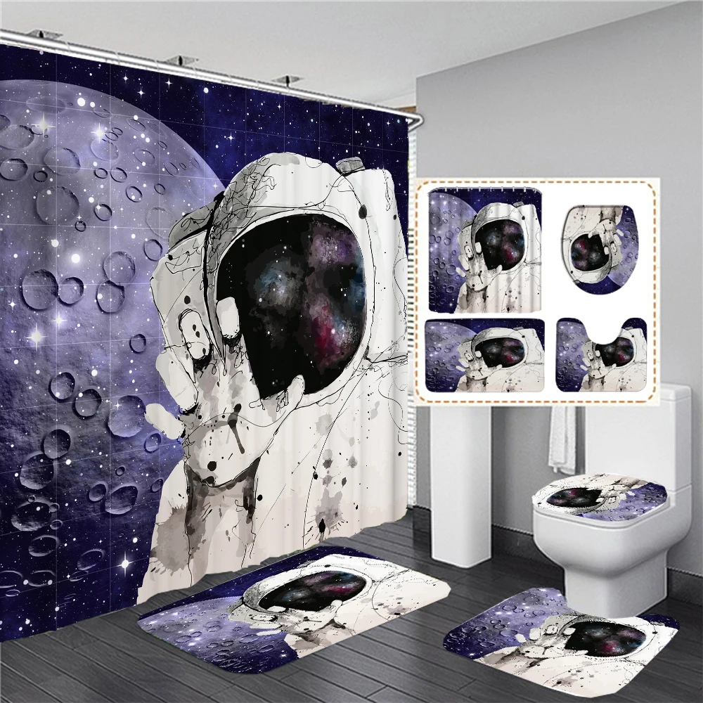 

Space Astronaut Starry Sky Universe 3D Printing Waterproof Shower Curtain with Rug Toilet Cover Bath Mat Set Bathroom Decor