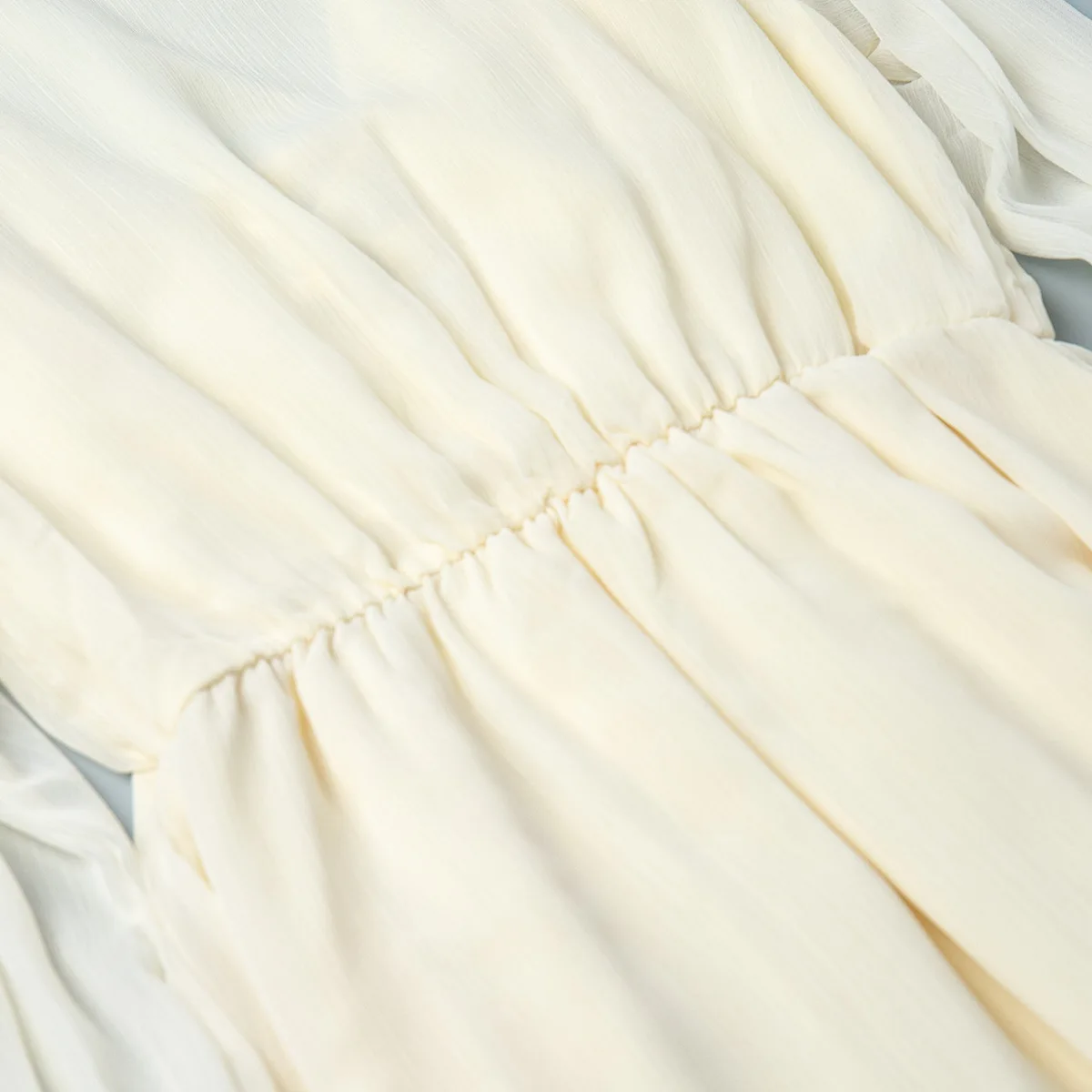 Elegant Chiffon Dress - Womens Spring Deep V Neck Lantern Sleeve Ruffle Tie Waist Skirt