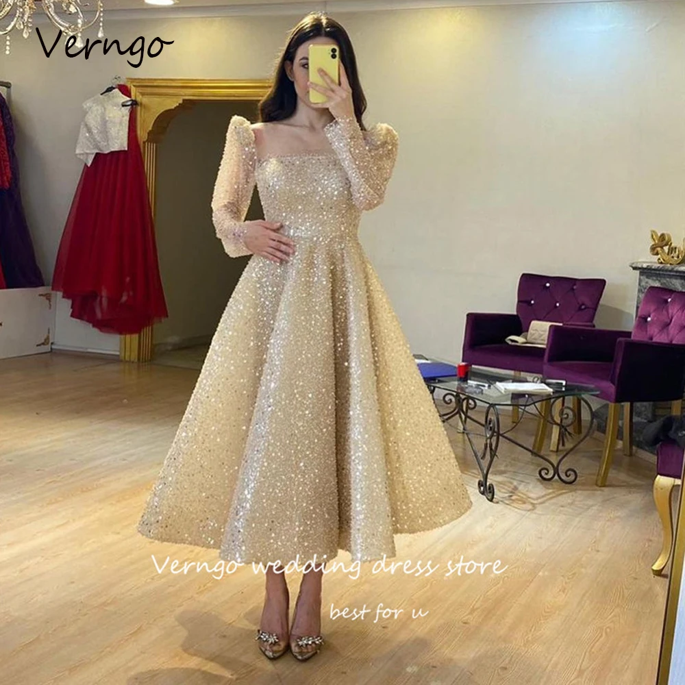 

Verngo Sparkly Light Champagne A Line Evening Dresses Long Sleeves Square Neck Dubai Arabic Women Prom Gowns Formal Party Dress