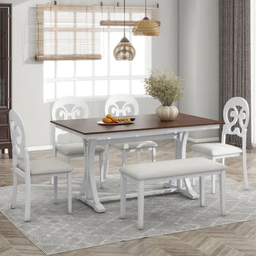 6-Piece Trestle Table Set with Victorian Round Upholstered Dining Chairs and Long Bench, Cherry+Antique White /grey
