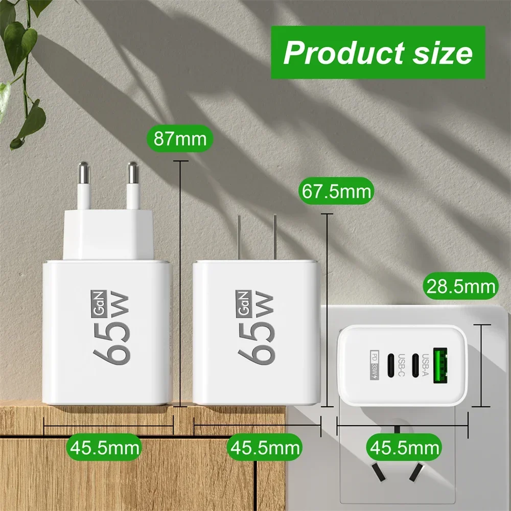 65W GaN USB Fast Charging Mobile Phone Charger QC3.0 Type C PD Wall Adapter EU/US/KR Plug For iPhone 15 Xiaomi 14 Huawei Charger