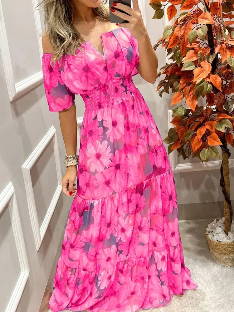 

Spring Summer New Female Vestidos French Retro One Shoulder V-Neck Waist Shrinking Short Sleeve Women Dress