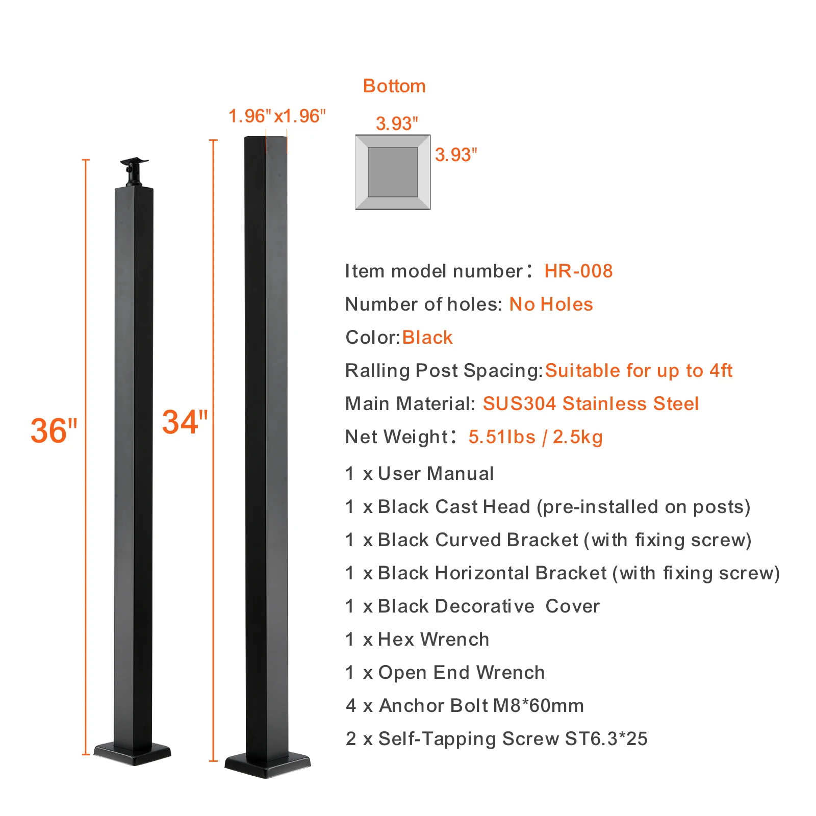 SucceBuy Poste de barandilla de cable Orificios preperforados Poste de riel de cable de acero inoxidable SUS304 con soporte horizontal y curvo Negro