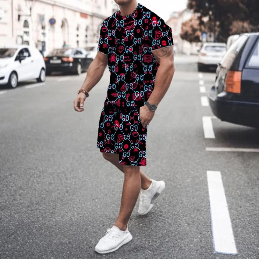 2024 Summer New Men's Crew Neck Sports T-Shirt Men's Casual Short Sleeve 3D Printed Sportswear New Striped Shorts Men's Suit 2