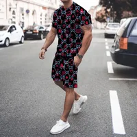 2024 Summer New Men's Crew Neck Sports T-Shirt Men's Casual Short Sleeve 3D Printed Sportswear New Striped Shorts Men's Suit 2
