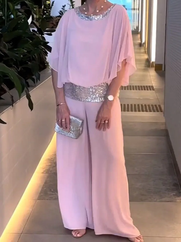 Pink Sequined Loose Blouse and Wide Leg Trousers Set for Women