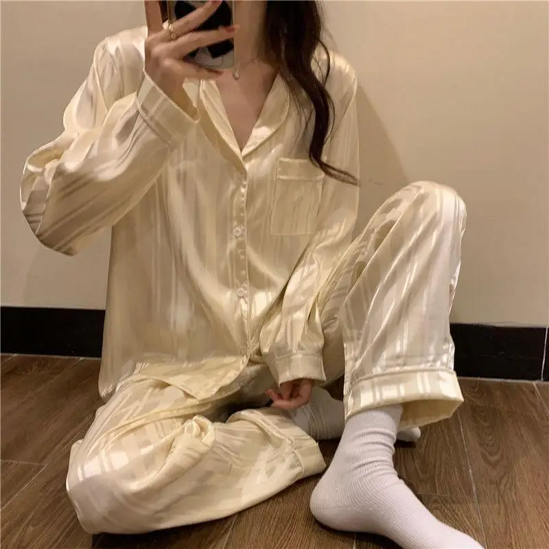 Women's Ice Silk 2 Piece Suit Pajamas Spring and Autumn Long-Sleeved Casual Striped Simple Loose Homewear Ladies Loungewear 6