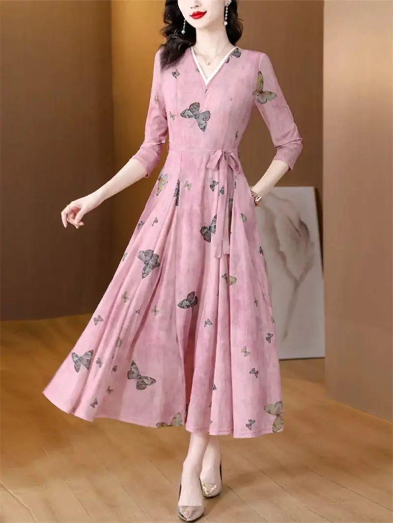 

2023 Summer Pink French Premium V-Neck Slim Dress Lace Up Three Quarter Sleeve Mid Length Women Elegant Printed Dress Z967