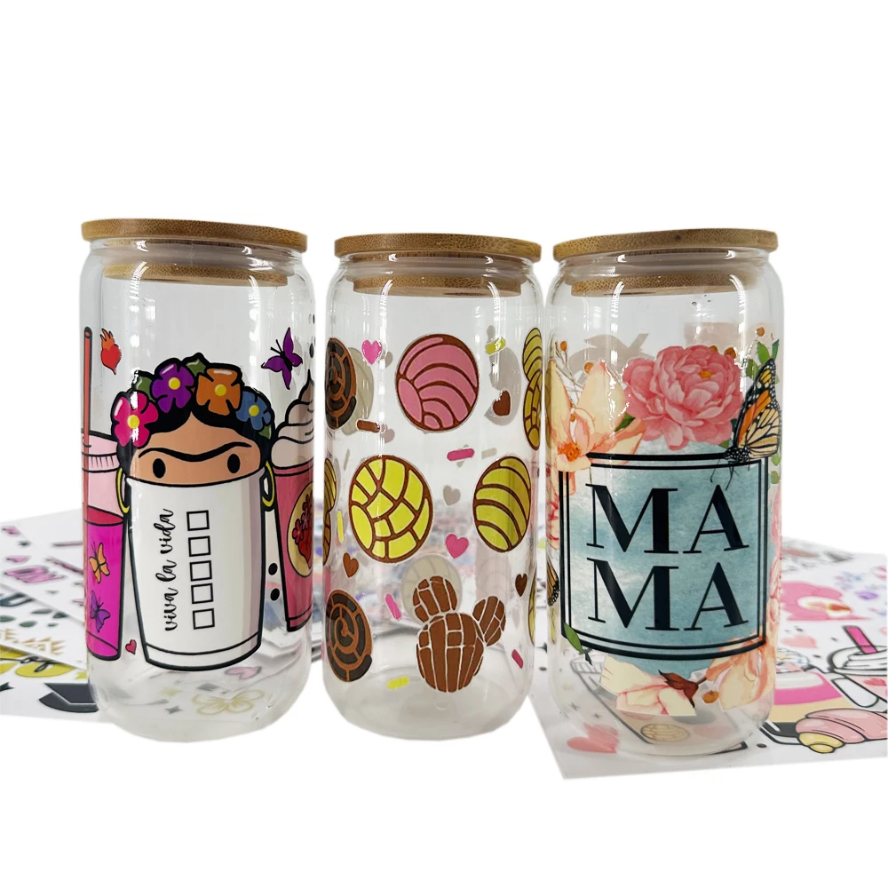 자체 접착 16 OZ UV DTF 랩, 무작위 디자인, 재고 리비 컵 데칼, 배송 준비 완료