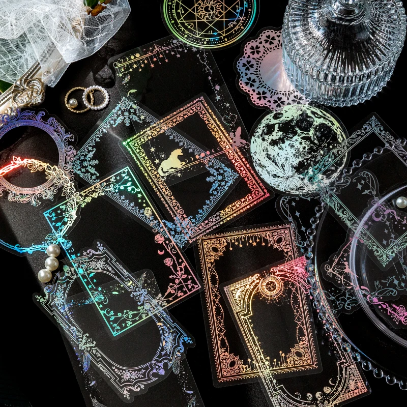 

Блестящие Звездные наклейки, прозрачные винтажные Цветочные рамки, лазерные наклейки, декоративные наклейки для скрапбукинга, журнала, ноутбука, 10 шт.