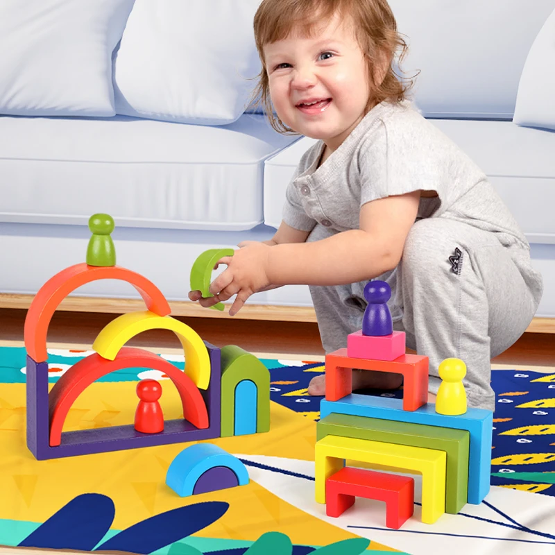 Wooden Rainbow Stacking Toys Montessori Toys Creative Baby Cognition Square/Arched Geometric Building Blocks Kids Puzzle Games 2