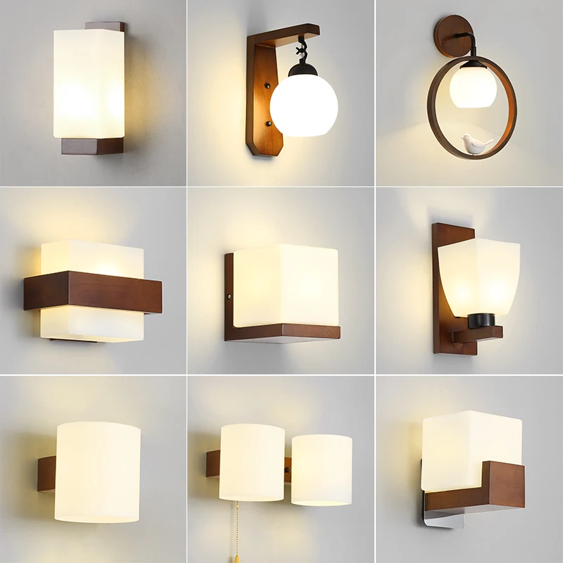 LED Wall Lamp Walnut Color Wood Wall Lamp LED E27 Bulb Bedroom Bedside Wall Light for Living Room Study Stair Corridor Entrance Indoor Fixture