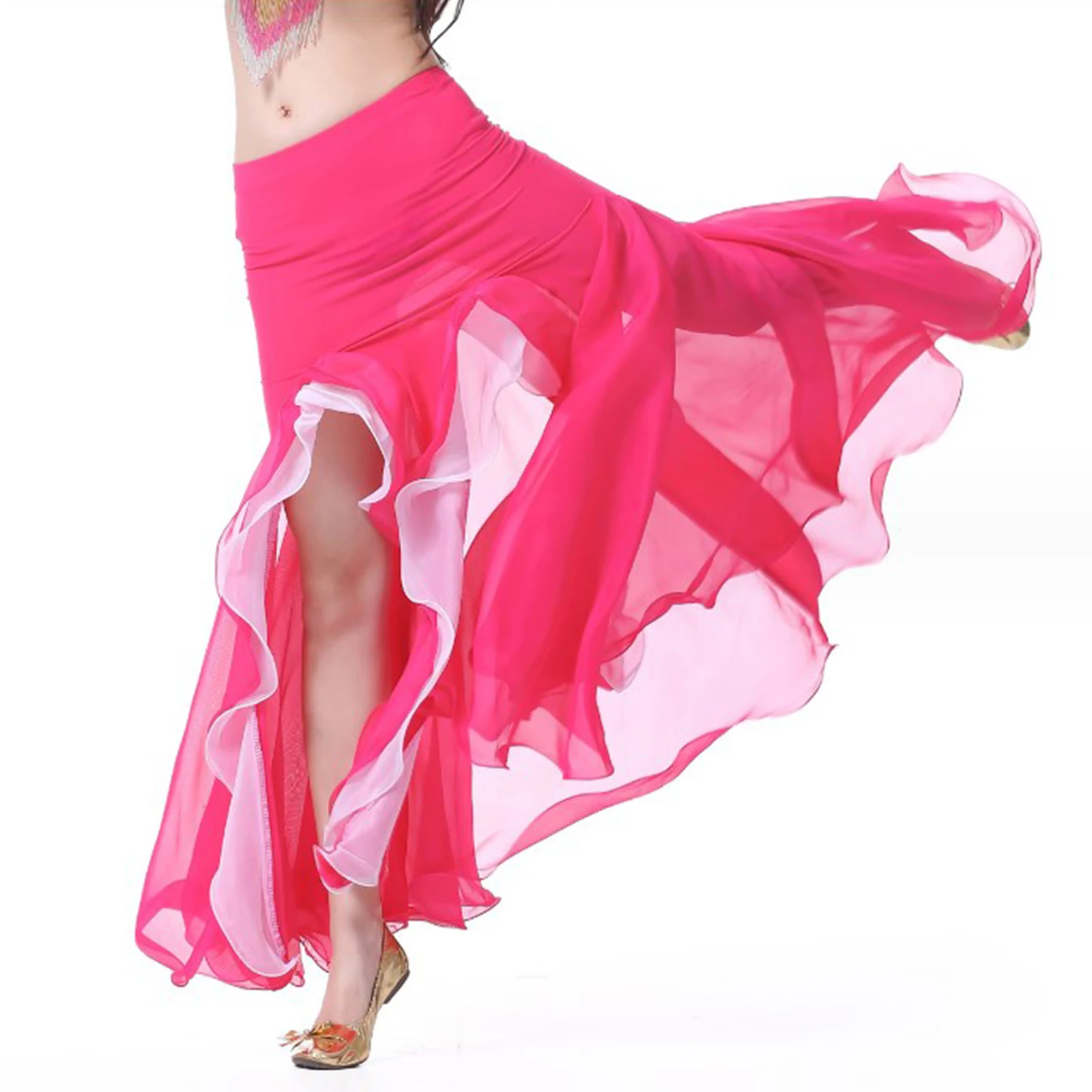 

Womens Belly Dance Stage Performance Costume Contrast Color Ruffles Split Skirt Bellydance Sexy Flowy Mesh Maxi Skirts Dancewear