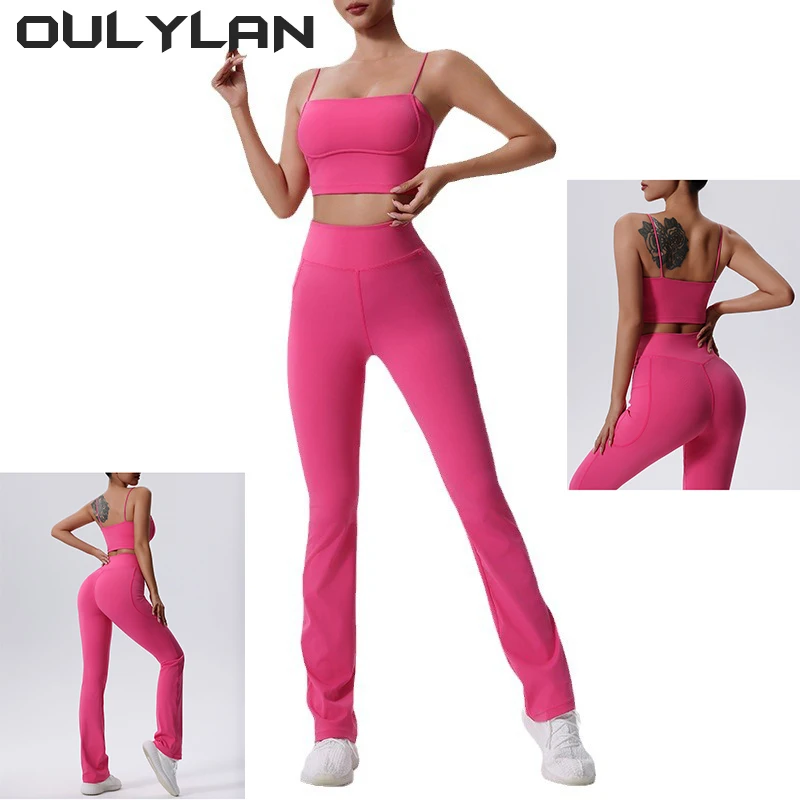 

Women's 2pcs Gym Yoga Suit Tight Fitting Sports Set Workout Breathable Bra Tank Top Loose Bell-bottoms Leggings
