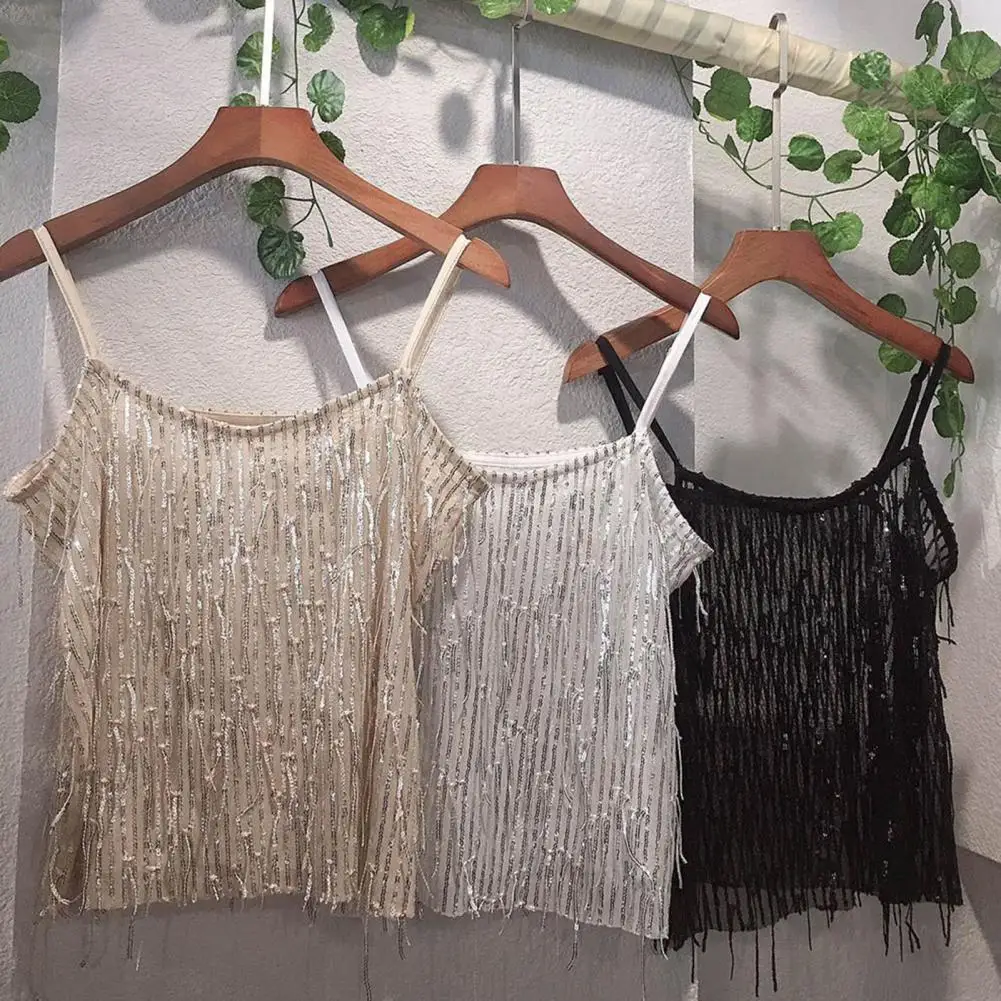 

Sequin Vest for Women Stylish V-neck Sequin Sling Tops Adjustable Straps Tassel Decoration See-through Elegance Shiny Tassel