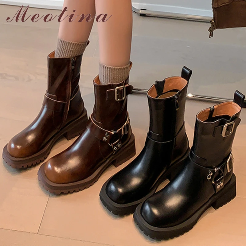 

Meotina Women Genuine Leather Ankle Boots Round Toe Platform Block Mid Heels Zipper Buckle Short Boots Lady Fashion Shoes Winter