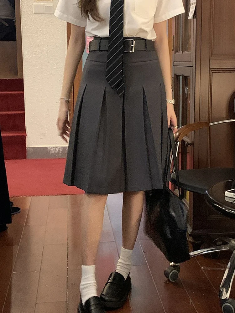 

Pleated Skirt Women Preppy Style Autumn Fashion High Waist Knee Length A-line Skirt