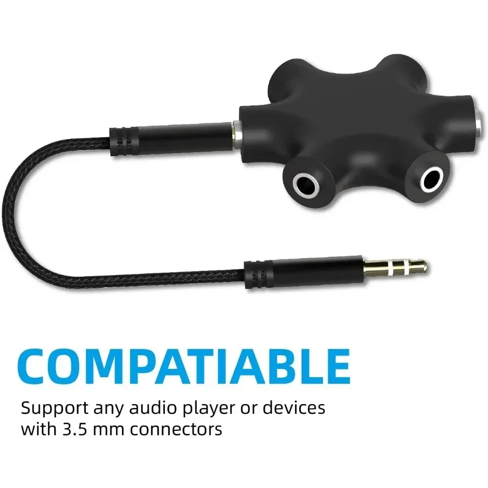 5 in 13.5mm Multi Headphone Audio Splitter 5-Jack Female Connector Adapter with 3.5mm Stereo Cable 20cm & 100cm,3-in-1Pack