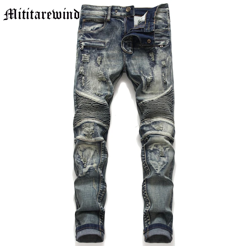 

Vintage Knee Folds High Street Men's Jeans Slim Retro Blue Y2k Style Full Length Denim Pants Hip Hop Streetwear Fashion Trousers