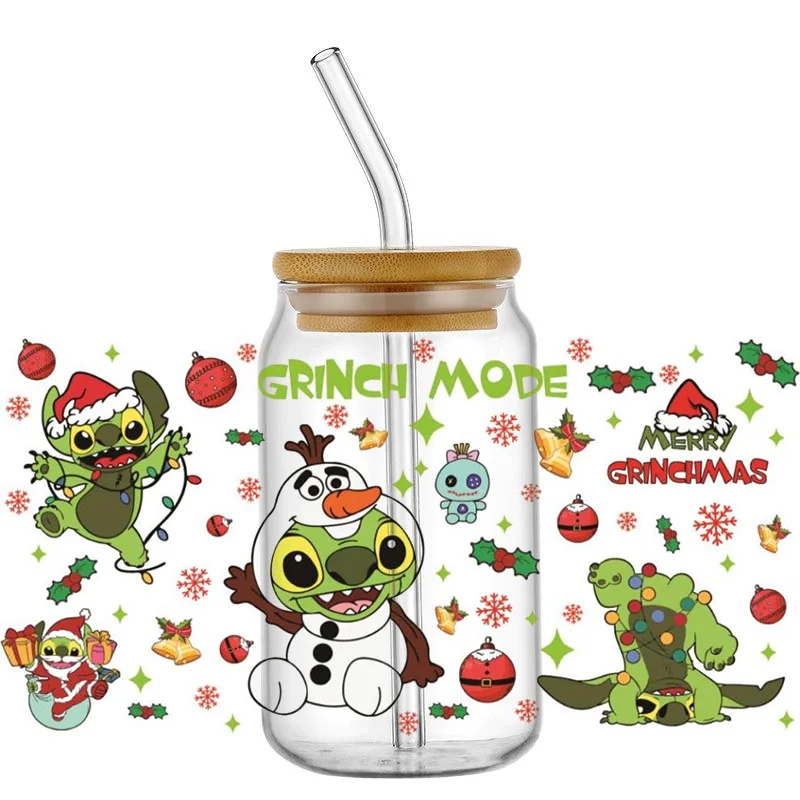 Adhesivo de transferencia para vasos de 16 oz con diseño de Stitch Christmas Serials, con protección UV y DTF, impermeable, autoadhesivo, lavable, para bricolaje, para vidrio, Libbey Can