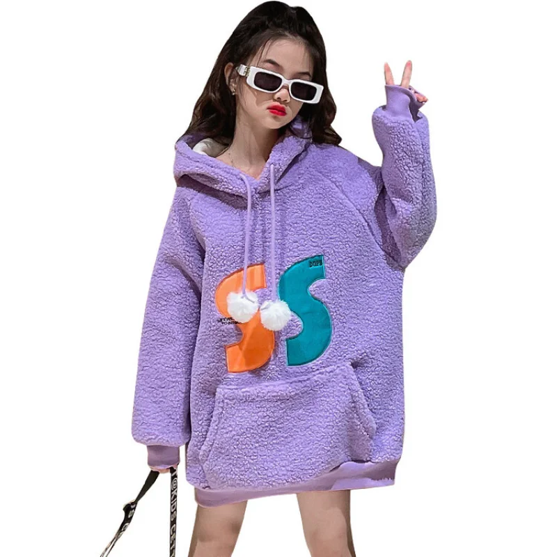 

Girls Fleece Sweatshirt Autumn Winter Fashion New Letter Print Outerwear for Teenager Mid-length Hooded Lamb Velvet Top 4-14 Yrs