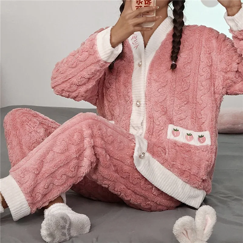 Autumn Winter Pajamas Set Cartoon Pajama Sets Women Pyjamas Flannel Sleepwear Girl Pijama Mujer Night Suits Homewear PJ