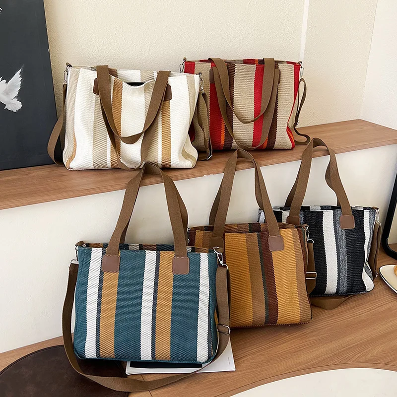 Big Bag Damen 2023, neue Mode, gestreifte Canvas-Tasche, Pendler-Einkaufstasche, modische einzelne Schulter-Crossbody-Mami-Tasche