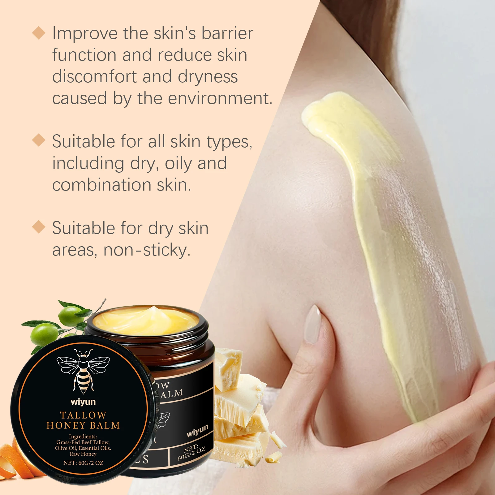 Beef Tallow Honey Moisturizer Grass Fed Whipped Tallow Face Cream Body Lotion Non Greasy Nourishing Fast Absorption Skin Care 6