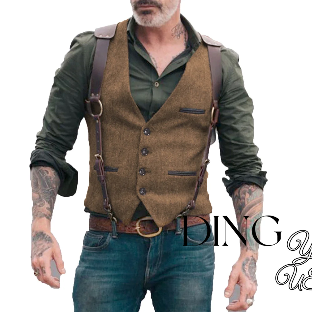 Pocket Men Suit Vest V Neck Jacket Herringbone Tweed Business Waistcoat Wedding Groomman Clothing Victorian Steampunk