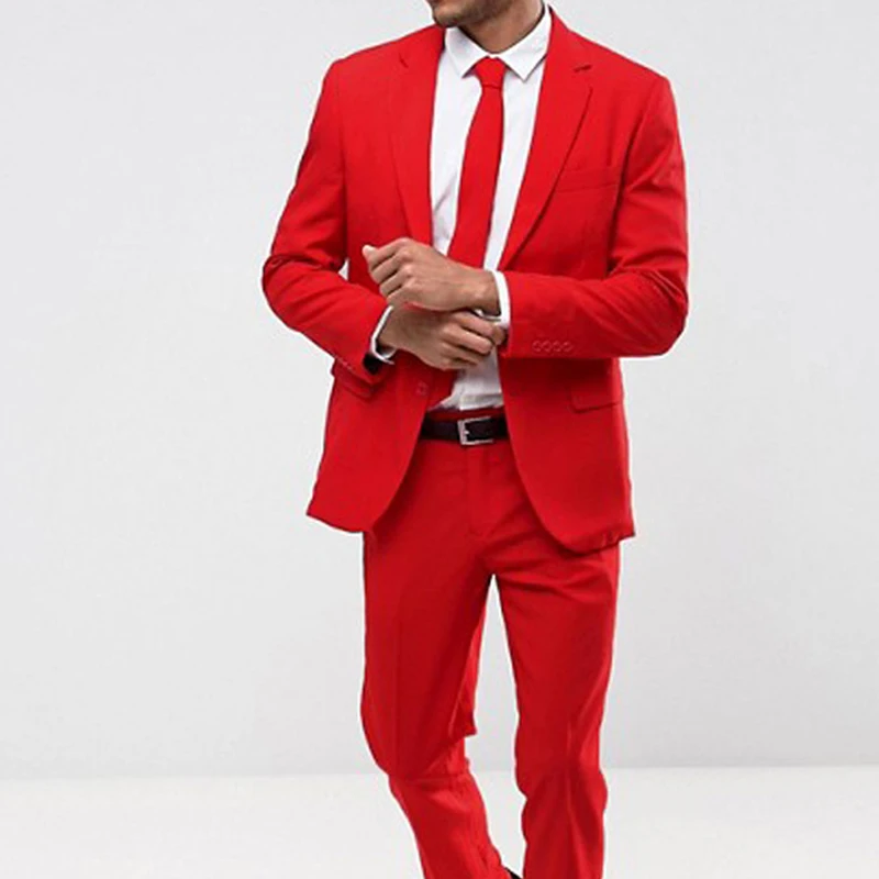 Slim Fit Red Casual Men Suit For Prom 2 Piece Wedding Tuxedo Custom Man Fashion Groomsmen Costume Jacket With Pants