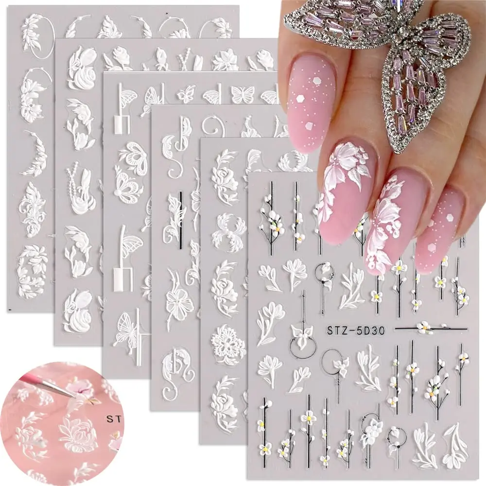 5DEmbossedNailArtStickersEngravedFlowersNailDecalsSummerNail
