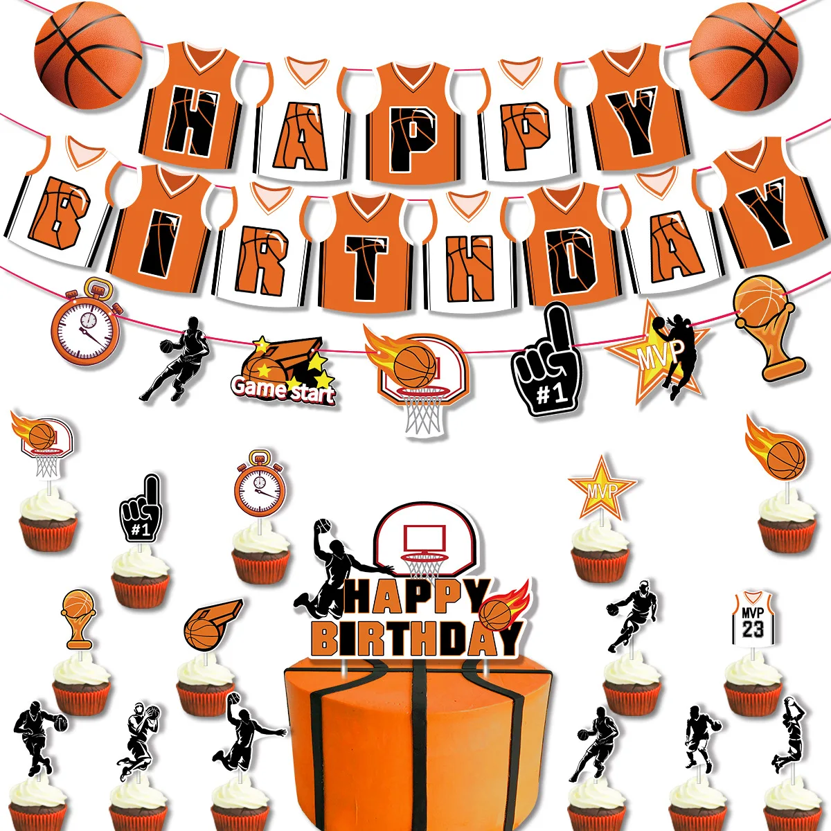 Basketball Themed Birthday Party Decoration NBA Basketball Jersey Birthday Flag Pulling Cake Card Insertion Party Decoration
