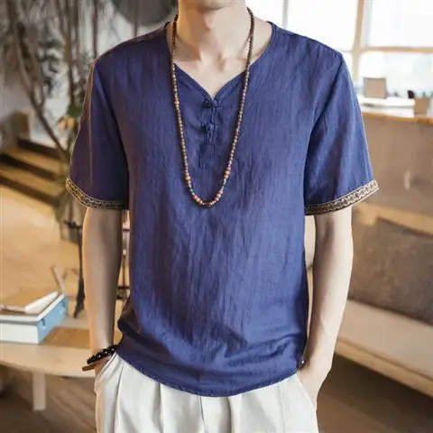 thumbnail image 1 of Camisetas de lino con gráficos para hombre, camisetas de gran tamaño para hombre, camisetas con cuello en V, sin logotipo, azules, básicas, de manga corta, informales, modernas y geniales, 1 of 5